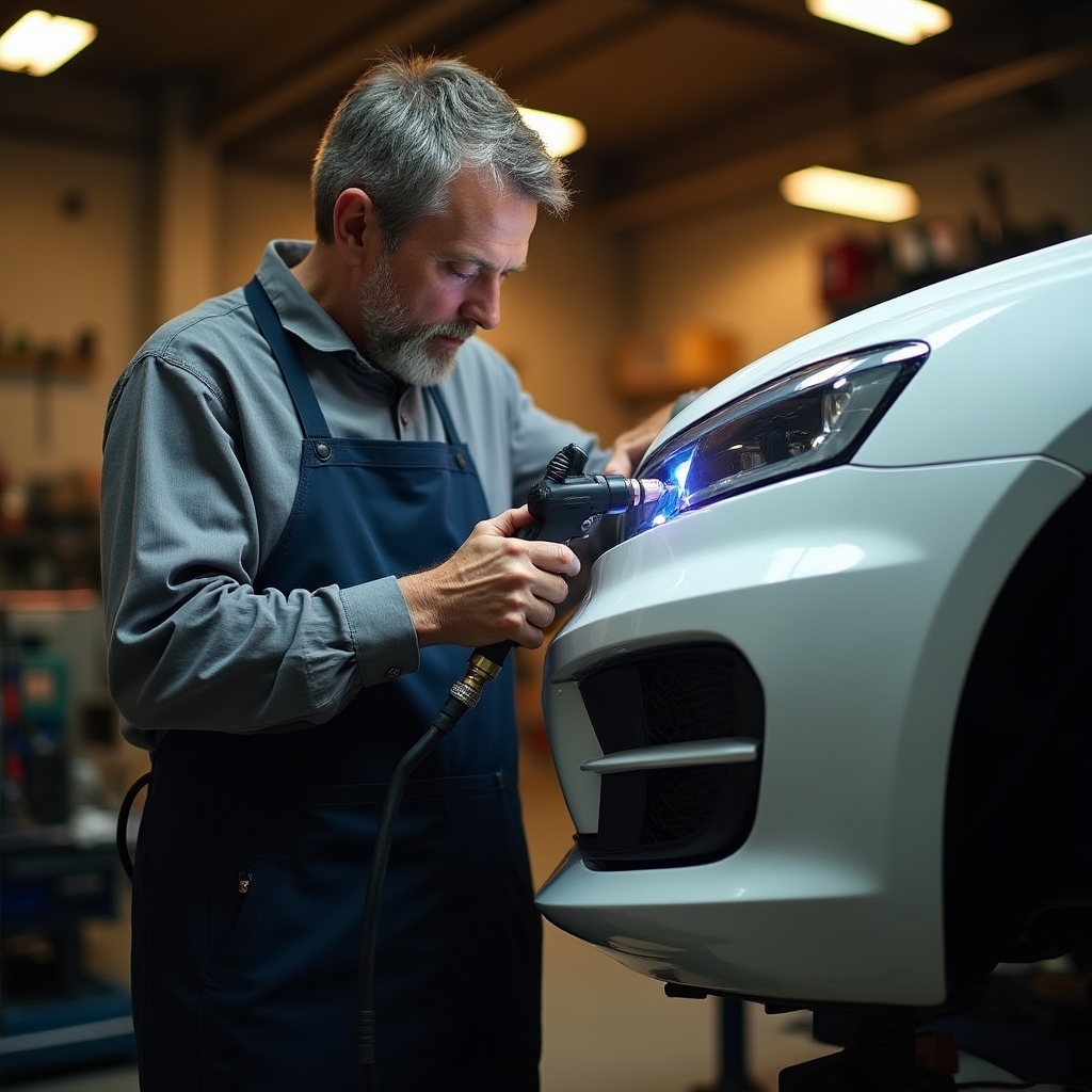 Мастер за работой по ремонту бампера в мастерской Balimon