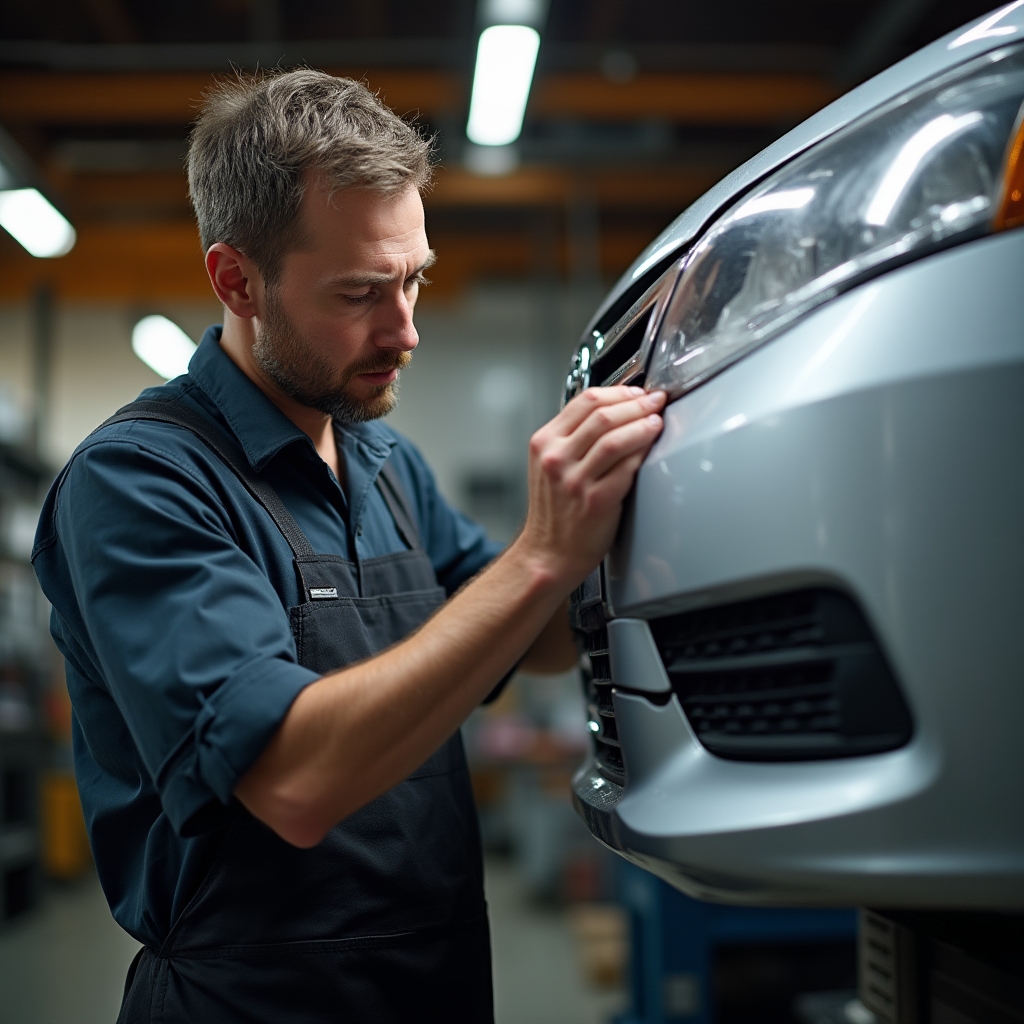 Мастер осматривает повреждённый бампер перед ремонтом